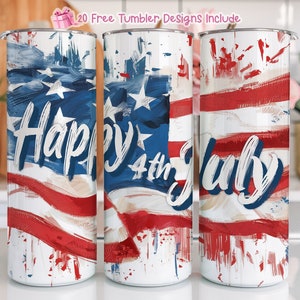 Happy 4th Of July 20 oz Skinny Tumbler, USA Flag Tumbler, Patriotic Flowers Sublimation Design Digital Download PNG, 4th Of July Tumbler Png