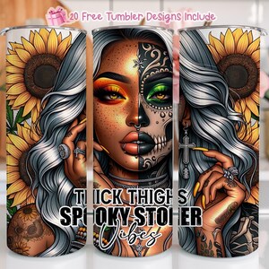 Dikke dijen Spooky Stoner Vibes 20oz skinny sublimatiebekerontwerp, pastelkleurige zonnebloemen, sublimatie, meisje met tatoeages