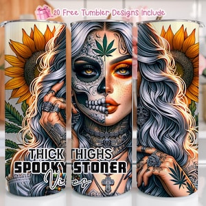 Dikke dijen Spooky Stoner Vibes 20oz skinny sublimatiebekerontwerp, pastelkleurige zonnebloemen, sublimatie, meisje met tatoeages