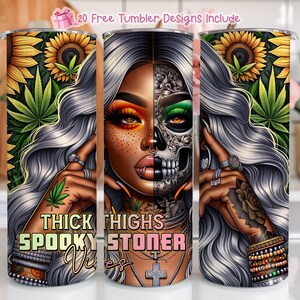 Dikke dijen Spooky Stoner Vibes 20oz skinny sublimatiebekerontwerp, pastelkleurige zonnebloemen, sublimatie, meisje met tatoeages