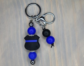 Thin blue line keychain, silicone beaded keychain, soft bead keychain, police keychain, diaper bag tag, purse tag, back the blue keychain