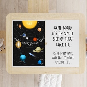 Può includere: Un tabellone da gioco in bianco e nero che presenta un sistema solare con pianeti e una cometa. Il tabellone da gioco è progettato per adattarsi a un solo lato di un coperchio del tavolo FLISAT. Il testo sul tabellone dice "GAME BOARD FITS ON SINGLE SIDE OF FLISAT TABLE LID. OTHER DOWNLOADS AVAILABLE TO COVER OPPOSITE SIDE."
