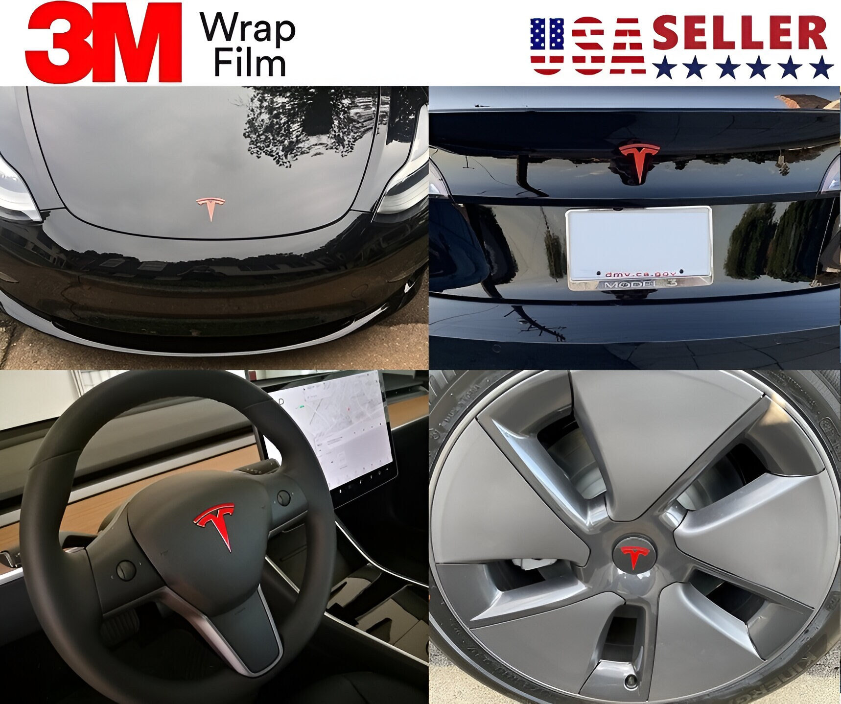 Tesla Model 3 Badge Emblem Logo 3M Vinyl Wrap Decal Sticker Bundle 12 Decals