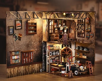 Craftsmanship-Reparatur-Werkstatt-Buch-Ecke - Klassische Auto Werkstatt 3D-Holzpuzzle mit LED