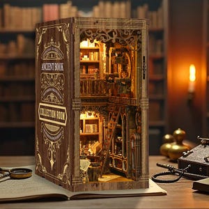 May include: A detailed wooden book nook, lit from within, with the words "ANCIENT BOOK" and "COLLECTION ROOM". The interior features miniature bookshelves, a ladder, and ornate architectural elements. The color palette is brown and gold, with warm lighting.