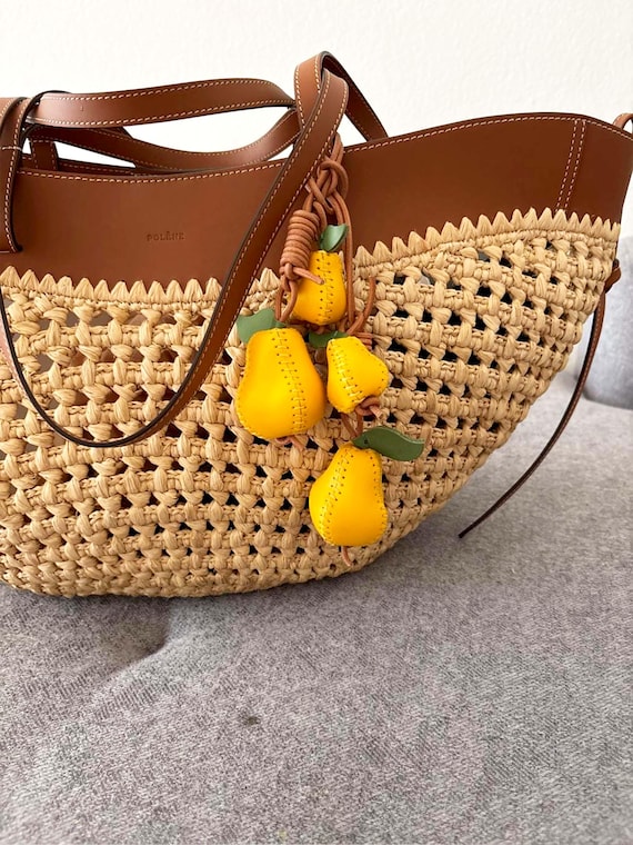 Leather 3D Yellow Pear Bag Charm, Handmade Fruit Handbag Charm, Car Hanging Ornaments, Purse Accessories,  Floral Bag Pendant, Gift for Her