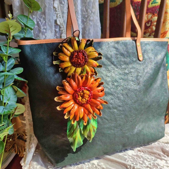 Handmade Leather Sunflower Bag Charm: Yellow Flower Purse Handbag Accessories