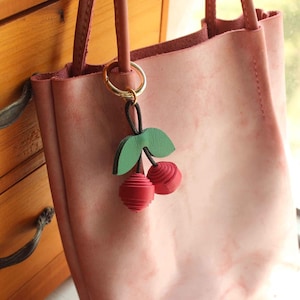 Genuine Leather Fruit Bag Charm,Cherry Handbag Accessories,Purse Charm, Cute Cherry Flower Keychain,Wedding Gift,Gift for Women