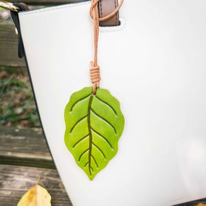 Genuine Leather Leaf Bag Charm, Green Leaf Handbag Purse Charm, Floral Pendant Keychain, Car Hanging Ornaments,Gift for Her,Plant Lover Gift