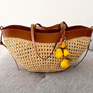 Leather 3D Yellow Pear Bag Charm, Handmade Fruit Handbag Charm, Car Hanging Ornaments, Purse Accessories, Floral Bag Pendant, Gift for Her image 3