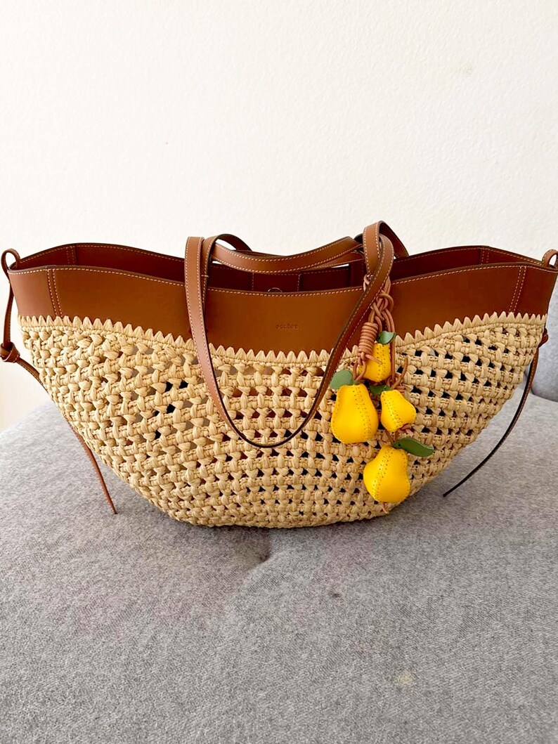 Leather 3D Yellow Pear Bag Charm, Handmade Fruit Handbag Charm, Car Hanging Ornaments, Purse Accessories, Floral Bag Pendant, Gift for Her image 3