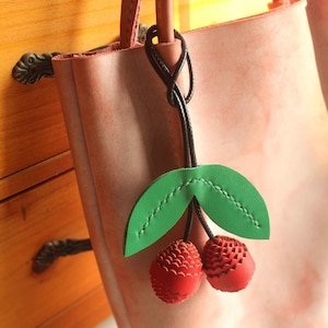 Genuine Leather Fruit Bag Charm,Cherry Handbag Accessories,Purse Charm, Cute Cherry Flower Keychain,Wedding Gift,Gift for Women