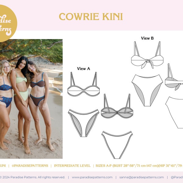 Patrón de costura Cowrie Kini PDF, frente plano y parte superior anudada, pantalones de tiro medio o alto. Canteado FOE o acabado sin costuras.