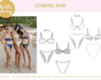 Cowrie Kini PDF sewing pattern, flat front and tie front top, mid-rise or high-rise bottoms. FOE edging, or seamless finishing.