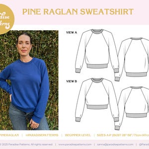 Pine Raglan Sweatshirt, vintage fit, oversized, PDF Digital Sewing Pattern