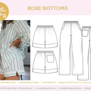 May include: A sewing pattern labelled "ROSE BOTTOMS" featuring a person in a green and white striped pajama set. The pattern includes shorts and trousers designs. The text "Paradise Patterns" is in a circular logo.