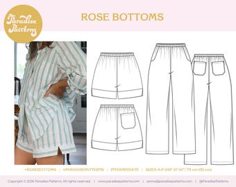 Rose Bottoms, shorts and pants sewing pattern, elastic high-waist, straight leg, flat-felled seam
