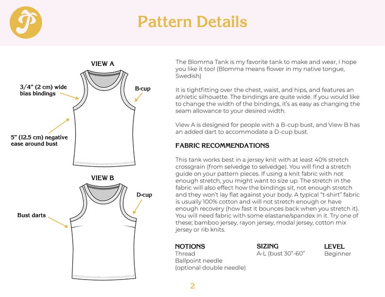 Blomma Tank PDF sewing pattern sizes A-L bust 30-60 image 2