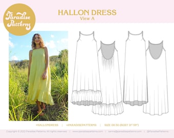 Patrón de costura Hallon Dress PDF, tallas 00-30, vestido de resort de verano, opciones de copa B y copa D