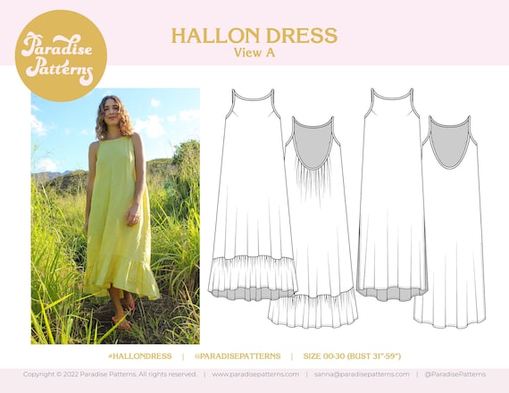 Hallon Dress PDF sewing pattern, sizes 00-30, summer resort dress, B-cup and D-cup options
