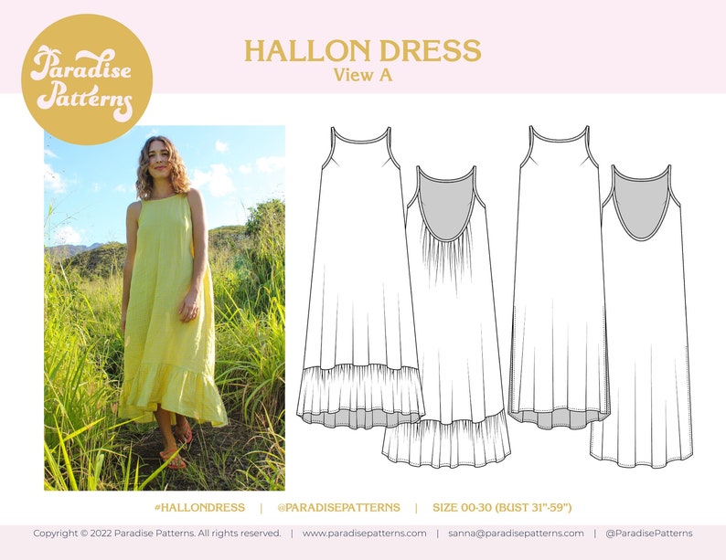 May include: A lime green Hallon dress with a square neckline and a ruffled hem is shown. The image also includes a line drawing of the dress, along with the text "HALLON DRESS" and "Paradise Patterns". The dress size is 00-30 (bust 31"-59")