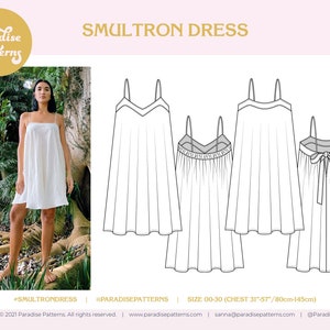 Smultron Kleid PDF Schnittmuster, Grössen 00-30, Sommerkleid, Halbkreis, schräg geschnittenes Kleid mit Spaghettiträgern