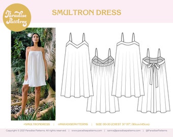 Smultron Dress PDF sewing pattern, sizes 00-30, summer resort wear, half circle, bias cut dress with spaghetti straps