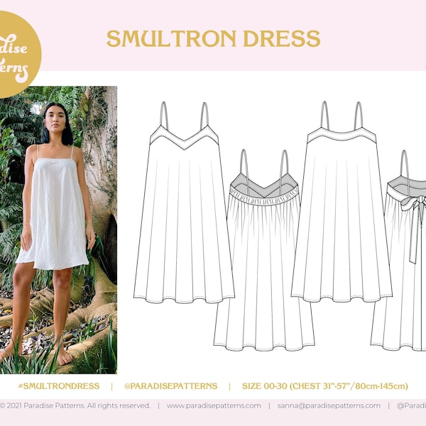 Smultron-jurk pdf-naaipatroon, maten 00-30, zomerkleding, halve cirkel, schuin uitgesneden jurk met spaghettibandjes