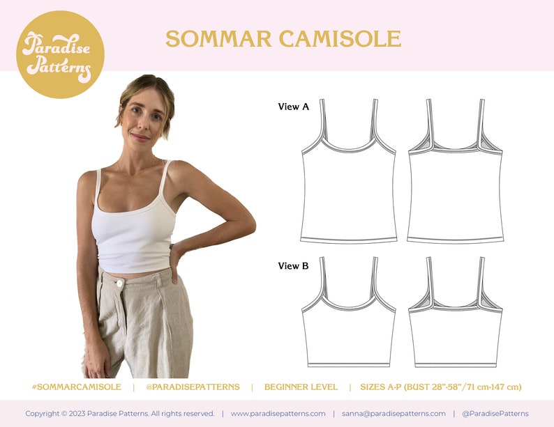 Sommar Camisole PDF sewing pattern with built in bralette. Low image 1