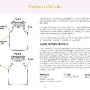 Blomma Tank PDF sewing pattern, sizes A-L bust 30-60, athletic style top, B-cup and D-cup options image 2