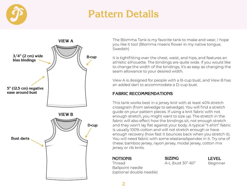 Blomma Tank PDF sewing pattern, sizes A-L bust 30-60, athletic style top, B-cup and D-cup options image 2