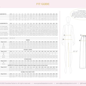 May include: A detailed fit guide with body and garment measurements in inches and centimeters. Includes fabric, pocket lining, interfacing, zipper, and double fold bias tape measurements. The guide also features a diagram of a person wearing pants.