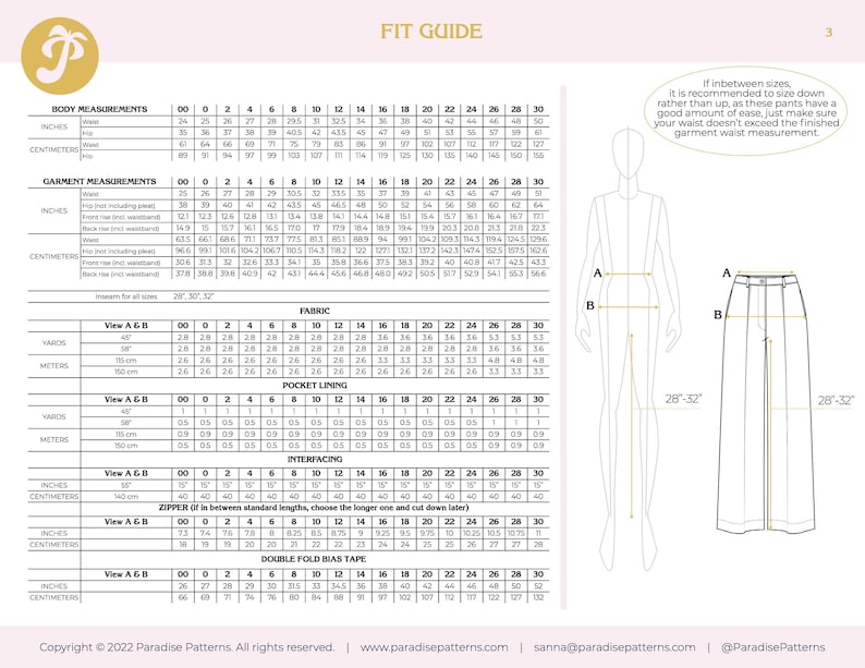 May include: A detailed fit guide with body and garment measurements in inches and centimeters. Includes fabric, pocket lining, interfacing, zipper, and double fold bias tape measurements. The guide also features a diagram of a person wearing pants.