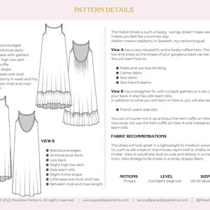 May include: A detailed pattern sheet for the Hallon Dress, featuring two views of a flowing dress with a ruffled hem. The sheet includes diagrams, fabric recommendations, and instructions for bias binding, gathering, and French seams. The sizing ranges from 00-30.
