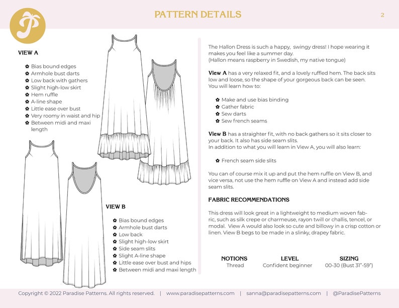 May include: A detailed pattern sheet for the Hallon Dress, featuring two views of a flowing dress with a ruffled hem. The sheet includes diagrams, fabric recommendations, and instructions for bias binding, gathering, and French seams. The sizing ranges from 00-30.