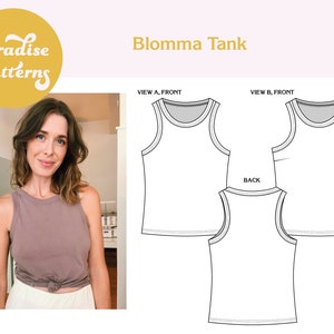 Blomma Tank PDF sewing pattern, sizes A-L bust 30-60, athletic style top, B-cup and D-cup options image 1