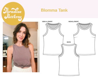 Blomma Tank PDF sewing pattern, sizes A-L (bust 30-60"), athletic style top, B-cup and D-cup options