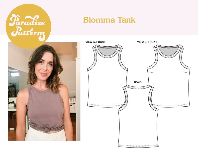 Blomma Tank PDF sewing pattern, sizes A-L bust 30-60, athletic style top, B-cup and D-cup options image 1