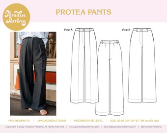 Protea Pants PDF pattern, sizes 00-30 (hip 35-61"), chic and modern wide leg, pleated trouser sewing pattern