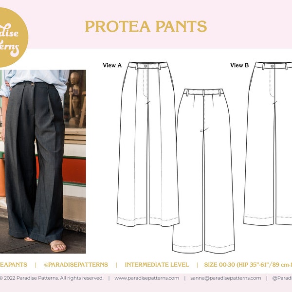 Patrón PDF Protea Pants, tallas 00-30 (cadera 35-61"), pierna ancha elegante y moderna, patrón de costura de pantalón plisado