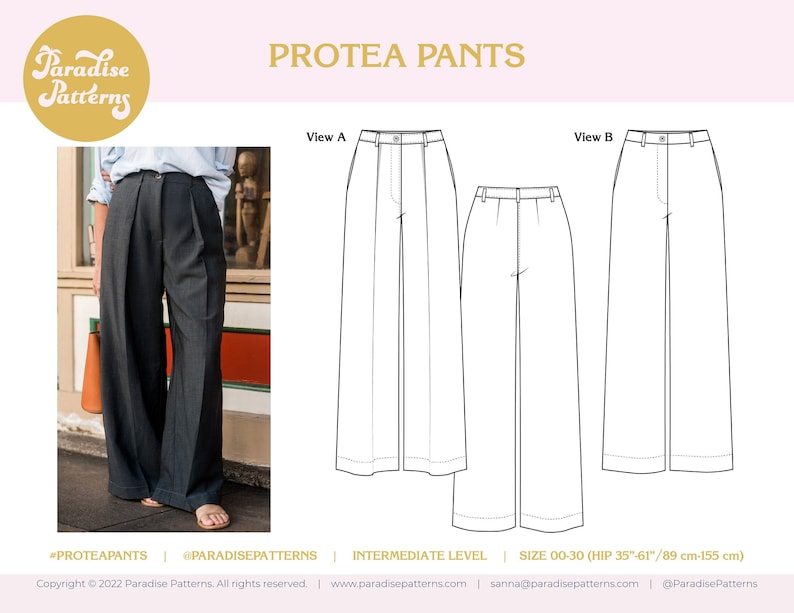May include: Image of a sewing pattern for Protea Pants. The pattern includes a photo of the pants in a dark gray fabric, and line drawings of the pants in two different styles. The text on the image includes the brand name, pattern name, and size range.