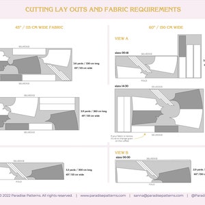 May include: A sewing pattern layout guide with diagrams for fabric cutting. The guide includes fabric requirements for 45"/115 cm and 60"/150 cm wide fabrics. The text includes "CUTTING LAY OUTS AND FABRIC REQUIREMENTS".