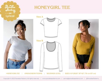 Honeygirl Tee PDF sewing pattern, for 100% cotton pointelle and rib knits, B-cup/D-cup options, long/short sleeve, two necklines.