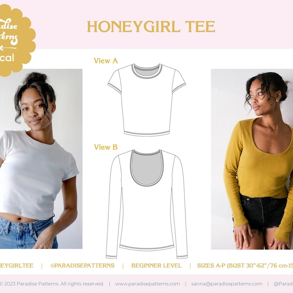 Honeygirl Tee PDF-naaipatroon, voor 100% katoenen pointelle- en ribbreisels, B-cup/D-cup-opties, lange/korte mouwen, twee halslijnen.