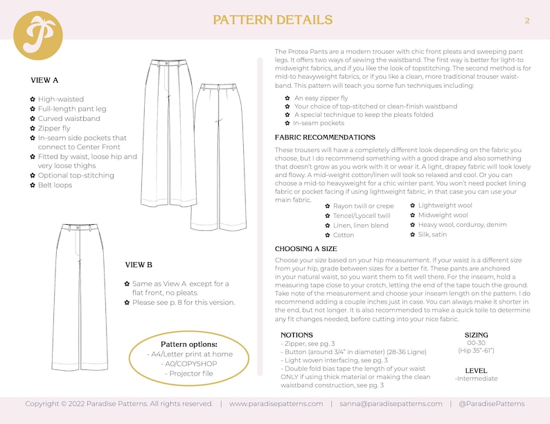 May include: A page from a sewing pattern with illustrations of trousers. The text includes pattern details, fabric recommendations, and sizing information. The pattern offers options for high-waisted, full-length pants with a curved waistband and zipper fly.