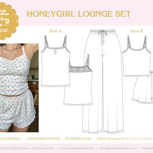 May include: A sewing pattern for a lounge set with a tank top and shorts. The pattern includes two views, one with a tank top and shorts and the other with a tank top and pants. The pattern is for sizes A-P, with a bust measurement of 30-62 inches and a hip measurement of 33-63 inches.