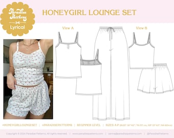 Honeygirl Lounge Set, digital PDF sewing pattern for pointelle and rib knit fabric, camisole vest top and  sleep shorts