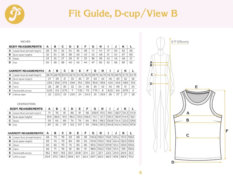 Blomma Tank PDF sewing pattern, sizes A-L bust 30-60, athletic style top, B-cup and D-cup options image 4