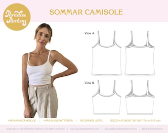 Cartamodello PDF Sommar Camisole con bralette incorporata. Supporto basso, spalline sottili, lunghezza corta o ai fianchi, taglia busto 28"-58". Reversibile.