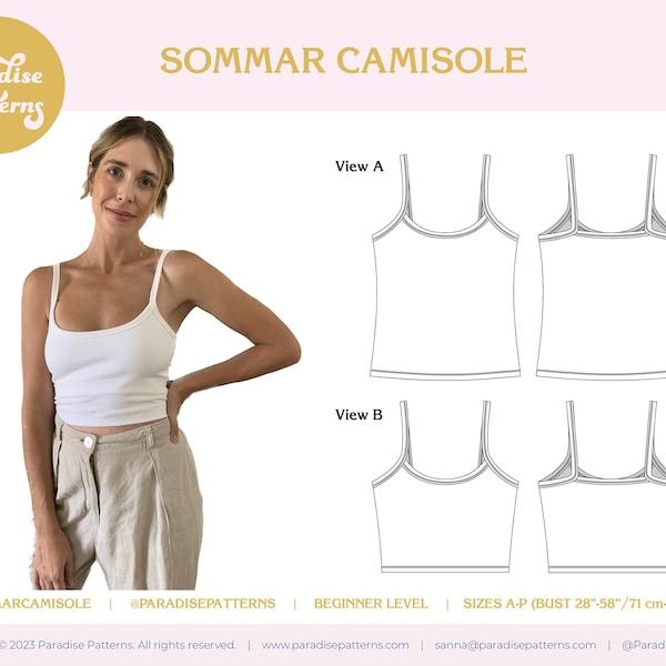 Patrón de costura Sommar Camisole PDF con bralette incorporado. Soporte bajo, tirantes finos, largo recortado o hasta la cadera, tallas de busto 28"-58". Reversible.